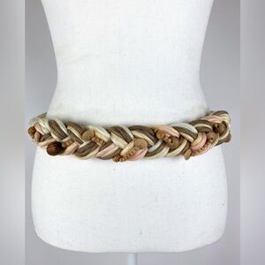 Vintage Braided chunky rope belt with wooden beads. White with sage beige, 32"